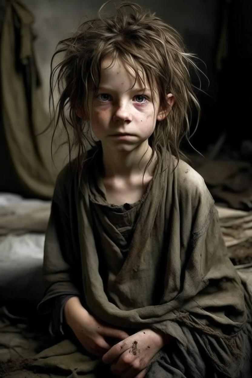 very thin 12 year old girl, dressed in rags, messy haircut, A Cure for Wellness style, full figure