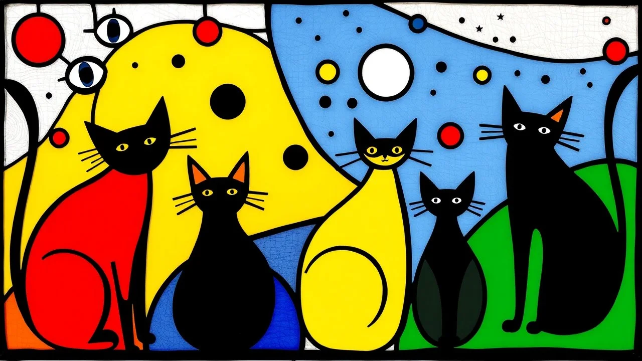a playful abstract stained glass window in the style of Joan Miró, featuring six minimalist cats made of bold black lines and simplified organic shapes. The composition includes floating eyes, moons, dots, and stars in primary colors — red, yellow, blue — mixed with bright green and black. Each cat is reduced to essential forms: circles, curves, sharp ears, long tails, integrated into a colorful, free-flowing pattern. The stained glass has a modern, light-hearted energy, filled with whimsical sy