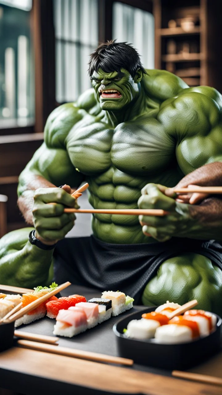 a hulk eating sushi with chopsticks, quality, full, raw photo, 8K UHD, police