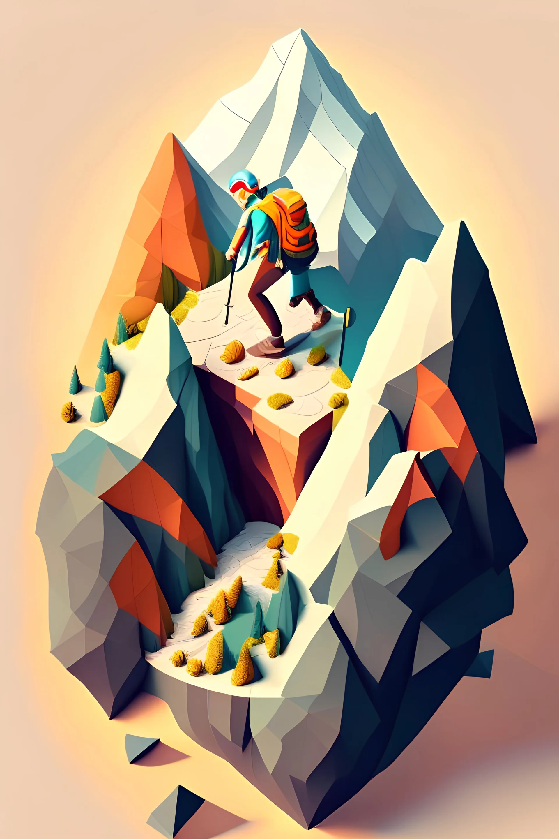 An adventurer climbing a mountain in isometric view