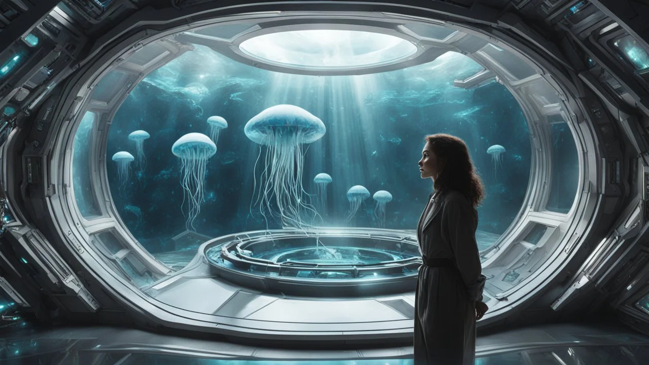 woman standing inside the interior of an alien spaceship, with a large window, with jellyfish outside