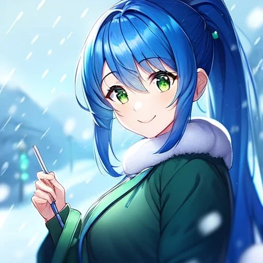 Clear focus, 8k, beautiful lighting, vibrant colors, girl, blue hair, green eyes, ponytail, snowing, winter clothes, looking up, smiling,