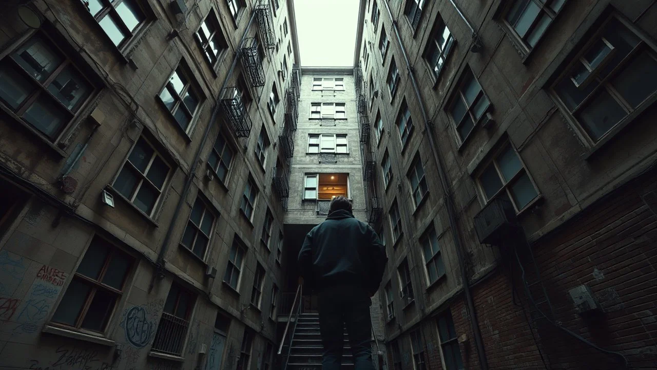 wide angle shot, looking up from the bottom of a narrow courtyard or alleyway, towering old apartment buildings with many windows on both sides, weathered concrete and brick walls, peeling paint, graffiti, exposed pipes and wiring, a single open doorway leads to a dimly lit staircase, a young man in a dark hoodie and jeans stands to the right looking up, dramatic lighting with a bright sky at the top creating a sense of depth and mystery, slightly desaturated colors, gritty texture, cinematic, m