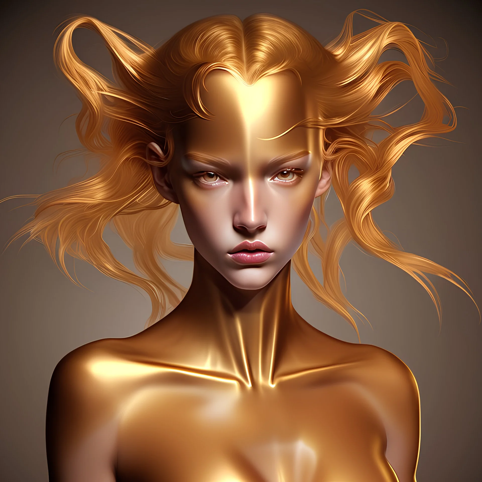 Digital art image of a girl wearing a (golden costume) with a bare chest, a sexy face, and a slender bodyAnd a big ass