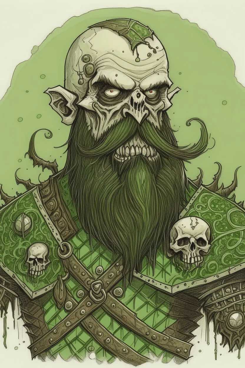 a drawing of a green zombie with a beard and scars, in medieval armour