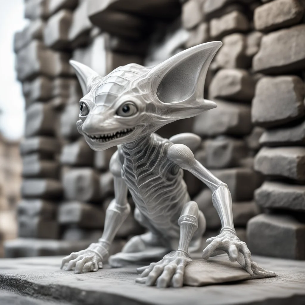 giger escher kobold sculpture in transparent white murano glass in front of crumbeling stone wall,bokeh like f/0.8, tilt-shift lens 8k, high detail, smooth render, down-light, unreal engine,bokeh like f/0.8, tilt-shift lens 8k, high detail, smooth render, down-light, unreal engine