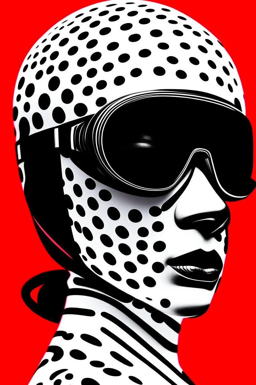 woman with red paint on full face, black round sunglasses, black and white swimming cap on head, black turtleneck, side view by joe scott , afrofuturism, futuristic, pop art, geometric, bizarre, surreal