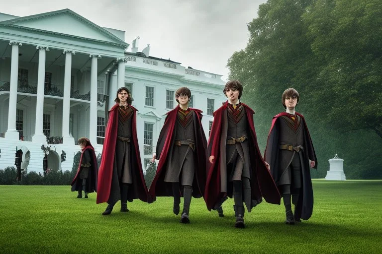 realistic young Harry Potter movie characters in front of white house