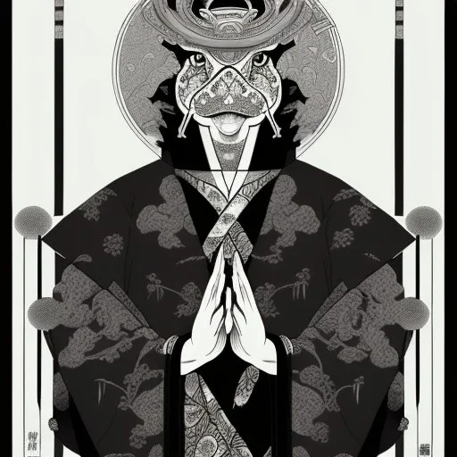 Ukiyo-e styled art, blacn and white frog