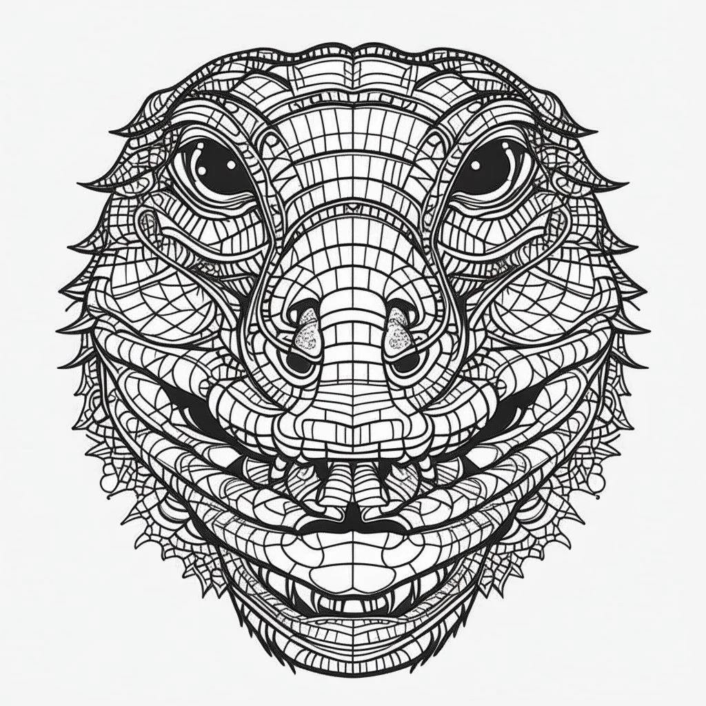 Alligator, front view, mandala, minimal lines, cartoon, white back ground color, real style, realistic, minimalistic, minimal black line art, line art, crisp line art, unique coloring sheet, outlined, outline, crisp, crisp line edges, illustration, thin lines, crisp clear lines, line art, clean line art, unique, 8k, amazing, masterpiece, no colors, no dark color, no black color, avoid thick black, minimalistic line edges, pure white back ground, image character full fit to page,