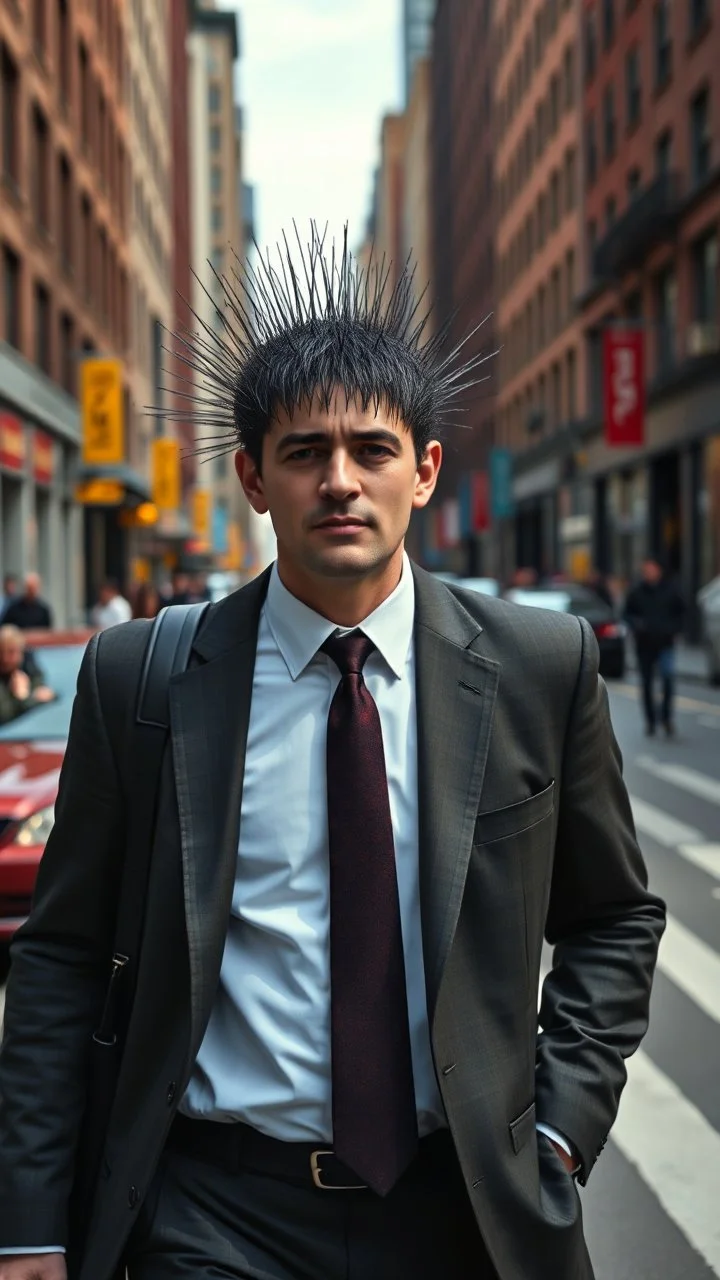 A man with suite carrying a business bag walking in the new York street , his head is a covered with needles , no nose or mouth