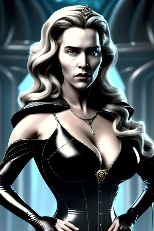 Kate Winslet as evil queen in black leather, cleavage, busty, by Frank Miller, Sin City style, dystopian, 8k photorealistic, cinematic lighting, HD, high details, dramatic, atmosphereric, trending on artstation