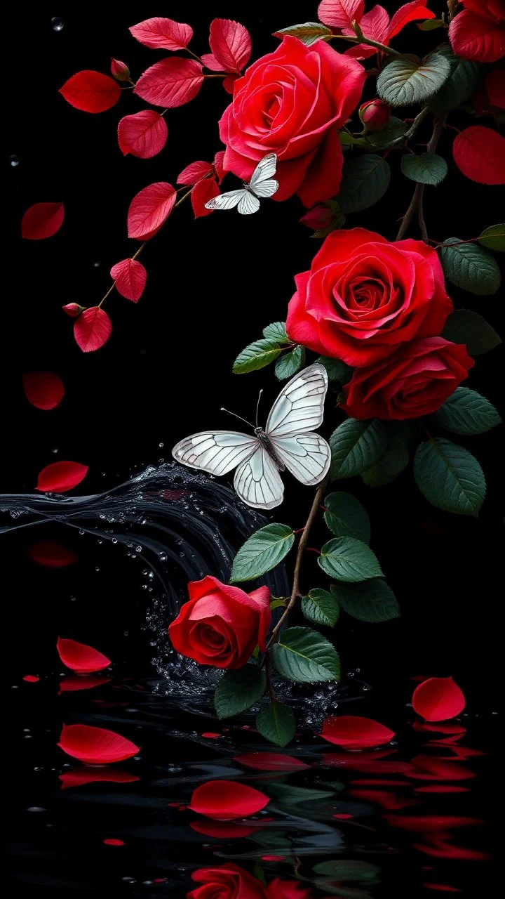 The image is a digital artwork that depicts a branch of tree of Red roses and leaves tangling in to a water in the river with aThe rose floats on the surface of the water, creating a wave-like effect. The background is black, which makes a branch of a tree of red roses stand out even more. Water droplets are scattered adding to the dreamy, ethereal quality of the image.all leaves and background are red. A white butterfly is hovering above