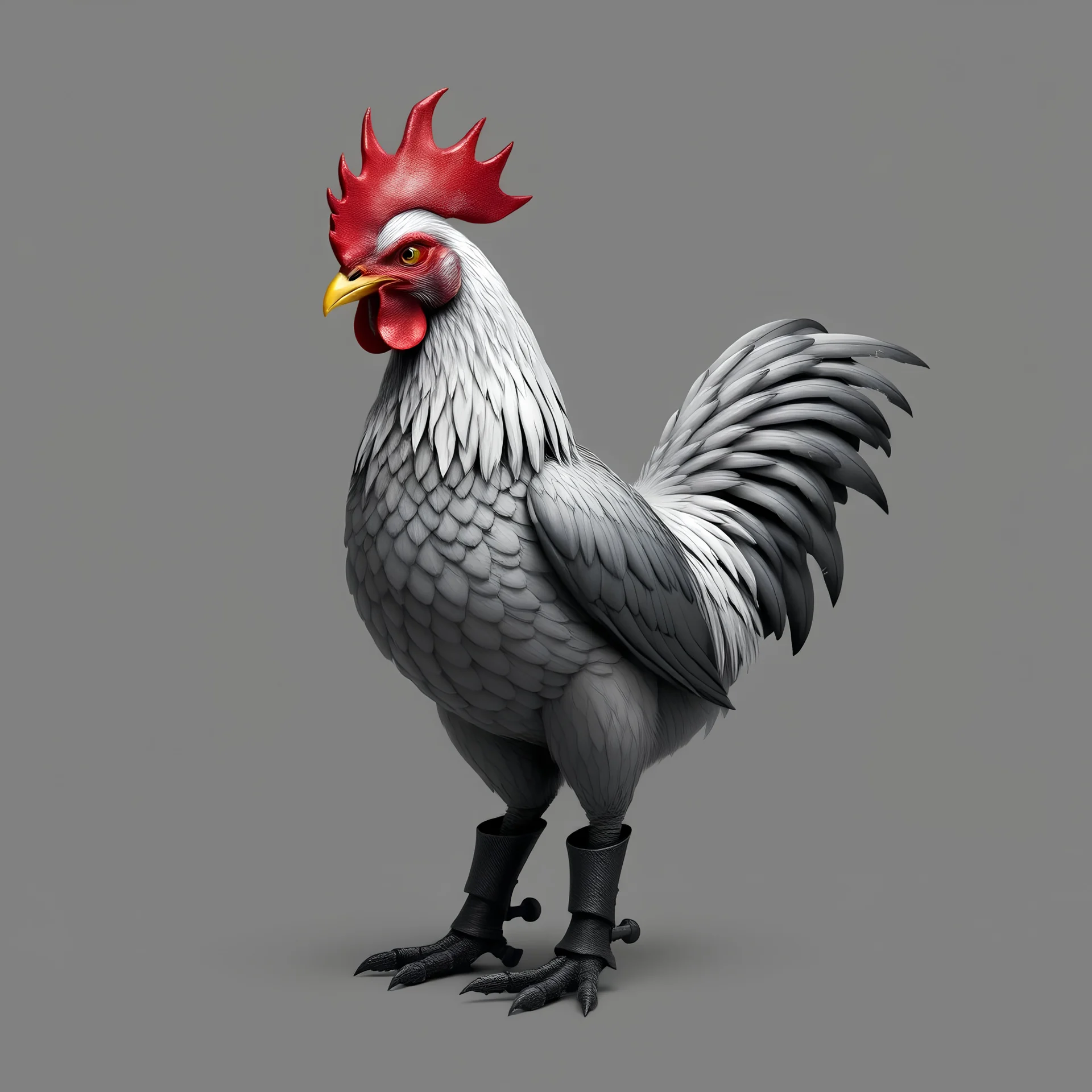 Make a chicken; make it a combat chicken; fine lines; grayish coloring; iron spike helmet; open wings; boots on the feet