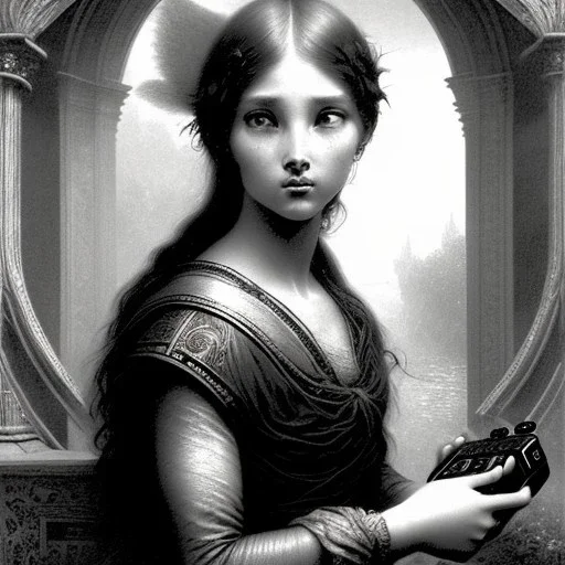 a young woman playing video games, Gustave Doré black and white illustration, perfect eyes