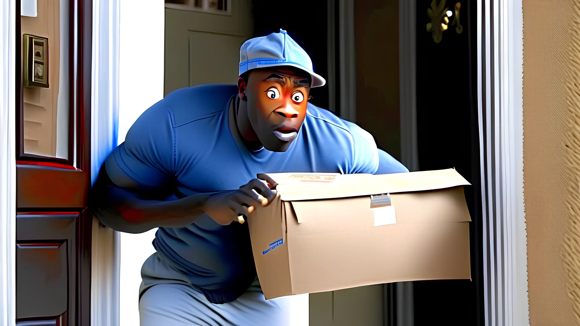 suspiciously looking Tyrone sneaking away holding very small package from apartment mailboxes