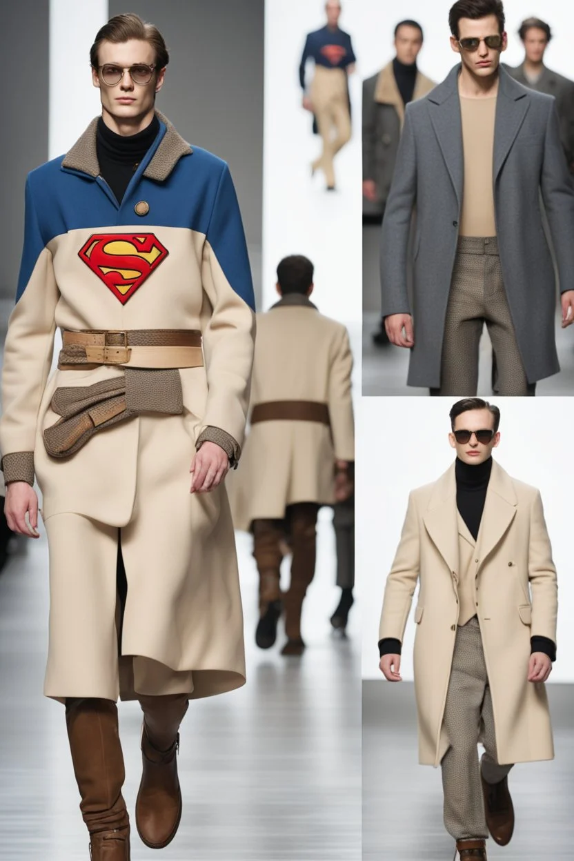 a men winter fashion runway with industrial clothes inspired by Superman Emblem style, embroidery elegante fashion beige tones