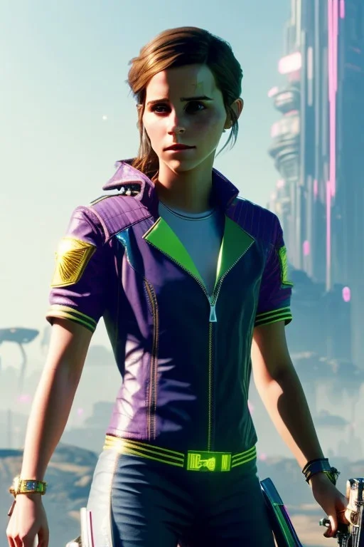 Emma Watson, full-length, in a swimsuit, cyberpunk 2077, photorealistic illustration, 1k