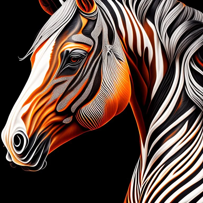 Horse front view front symmetrical design ink art colours orange cream white and black hyper-detailed realistic 8k