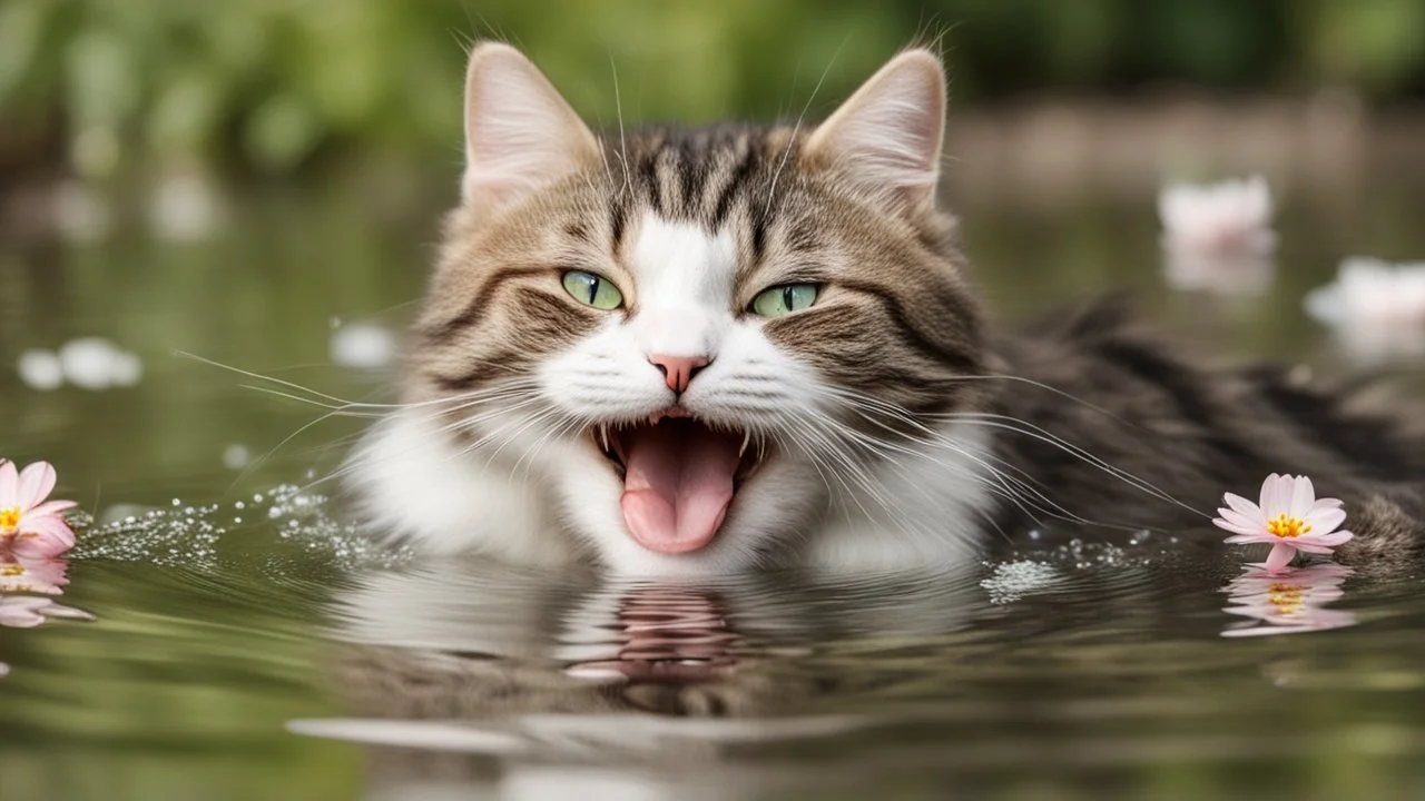 laughing cat in water with little flower