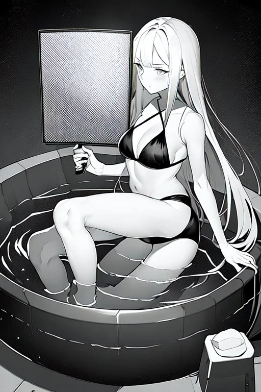 bikini long hair thin girl with leg in abyss pool, greyscale, sexy pose, screen tones