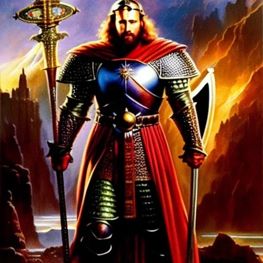 portrait oil on canvas,King Arthur with plate armor and highly detailed excalibur Sword on Right arm and shield on left arm,comic book cover, mystical colors,insanely detailed,realistic,intrincate detail, 16k resolution, masterpiece,Frank Frazetta, Alex Horley, Simon Bisley,Oscar chichoni