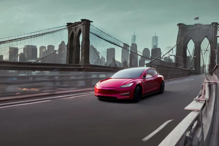 A Tesla 'Model 3' is drifting at top speed, on the 'Brooklyn Bridge' in New York. CINEMATIC. WIDE ANGLE LENS. PHOTO REAL.
