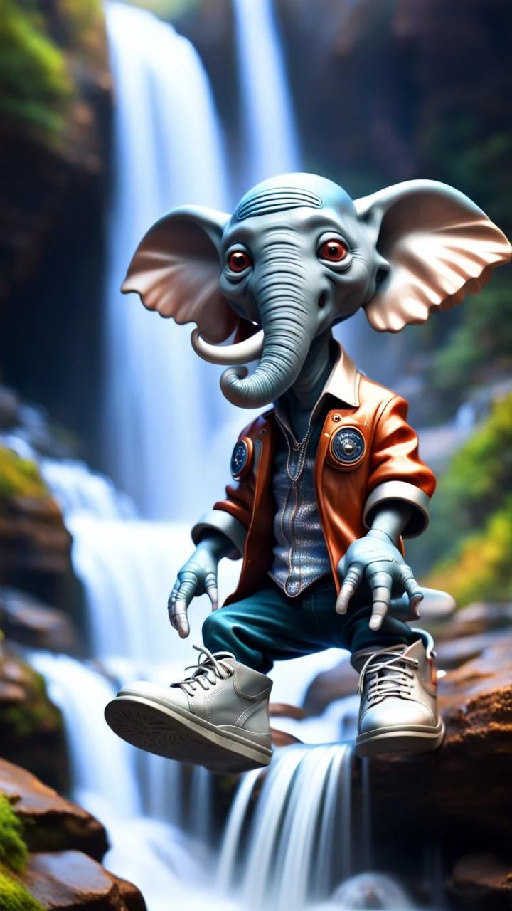 magazine cover, twisted rock star alien gremlin elephant rapperwith silver boots as a pimp on rocket rushing down heavens waterfall,bokeh like f/0.8, tilt-shift lens 8k, high detail, smooth render, down-light, unreal engine, prize winning