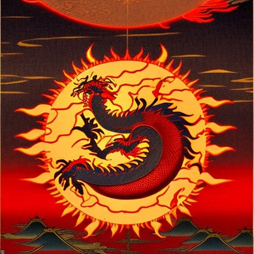 Ukiyo-e painting of a red dragon flying around a sun