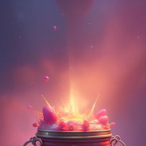 pixar style, volumetric pink sky environment and background, volumetric lighting, dramatic lighting, realistic painting of a jar full with strawberry-jam, detailed digital painting, extreme dense and fine, anime, ornate, colour-washed colors, elegant, small minutiae, tiny features, particulars, centered, smooth, sharp focus, renderman gofur render, 8k, uhd, detailed eyes, realistic shaded volumetric lighting, caustics, backlight