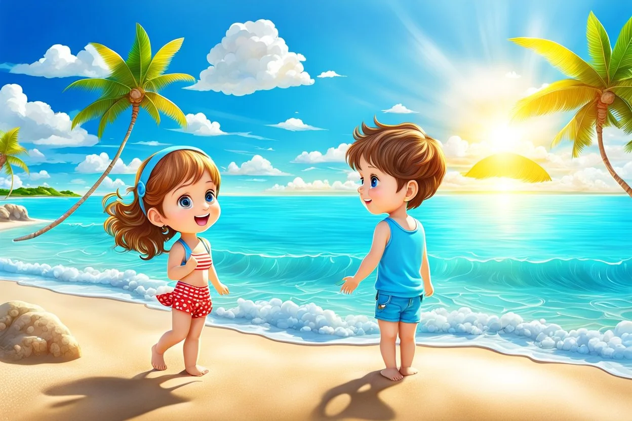 3d digital art of chibi young girl and boy enjoying sunshine on the beach, blue sky, happyness, nice azure sea, vibrant warm colors., detailed, cinematic