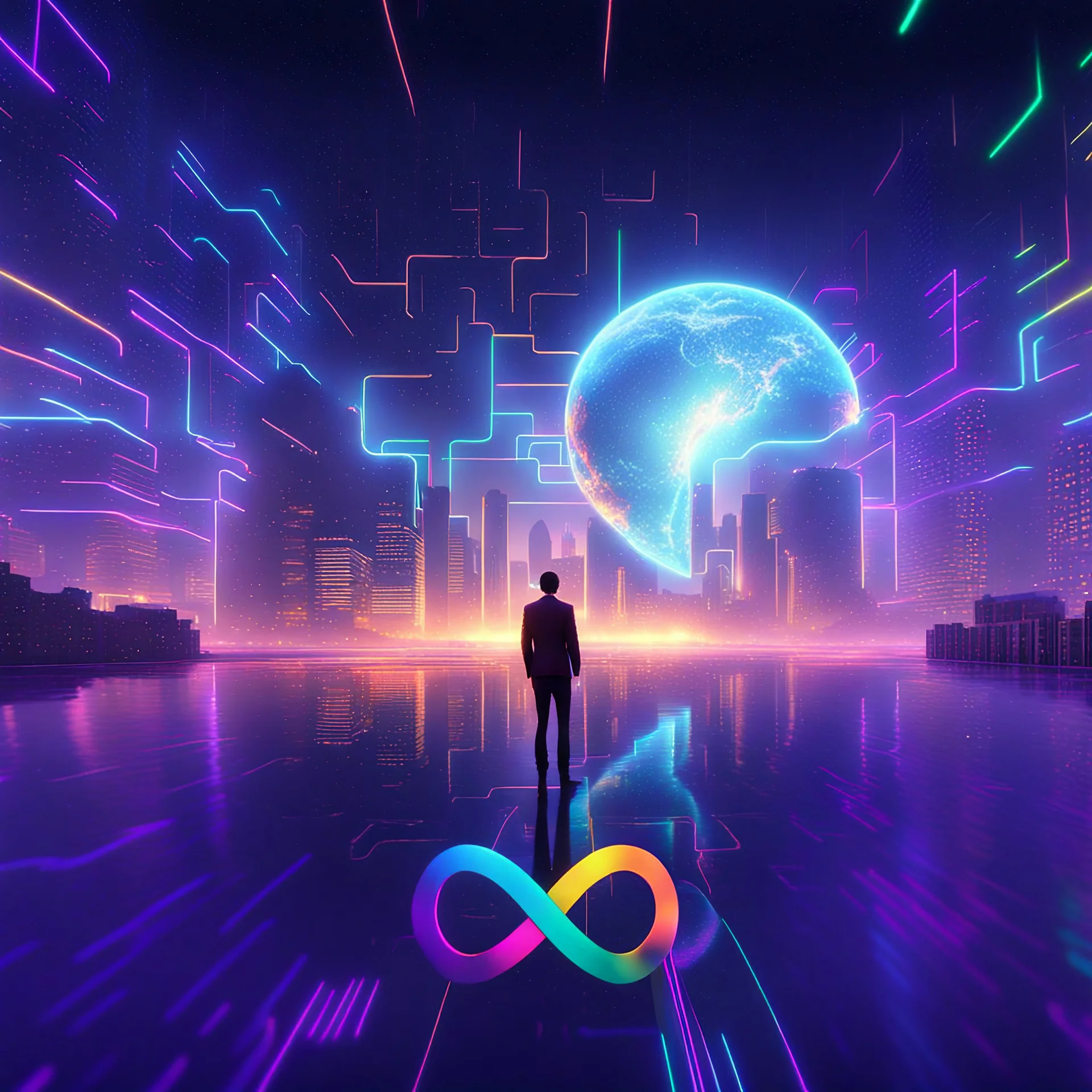 3D infinity symbol ∞, infinity figure-of-eight symbol is totally-symmetrical and brightly coloured, man silhouette facing epic scene of building, glowing earth, water, network and lights, exotic, inspiring, fantasy, neon, friendly, beautiful, octane render, 8k post-production, artstation: award-winning: atmospheric: commanding: fantastical: clarity: 16k: ultra quality: striking: brilliance: liquid medium: stunning colors: amazing depth; lens: f/8, 28mm