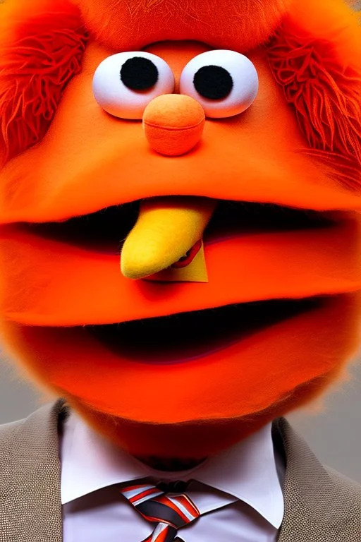 a Film Photograph of an orange Donald Trump Muppet made of felt and fur yelling at everybody