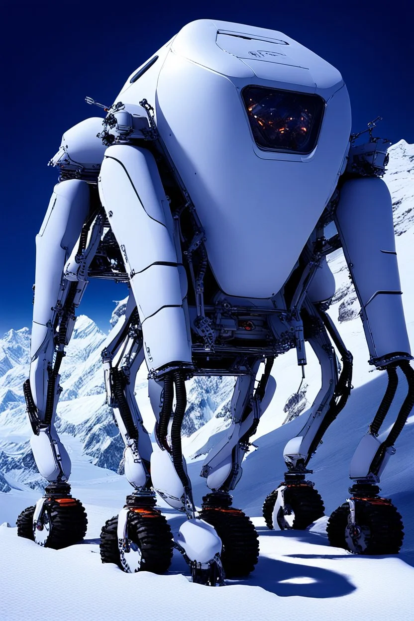 a sleek mechanical walker with eight legs scaling a very steep snow covered side of mout everest at night, it has a smooth surface, it has storage pods on its belly human can fit in the pods