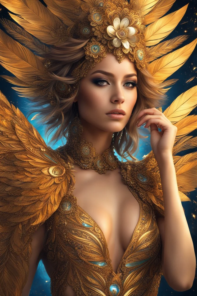 acid lighting, from below, hyperdetailed, hyper realistic, epic action full body portrait Incredible beautiful of Firebird girl with the merger between gold and fire, hypnotic opinion, fractal hair and feathers, detailed face, inquisitive soul | inspiration | gold colors, intricate detailing, surrealism, fractal details, enigmatic flirty smile, view from back, dressed in complex chaotic diamond outfit, artificial nightmares style, reflective eyes, detailed eyes, detailed art deco ornamentation,