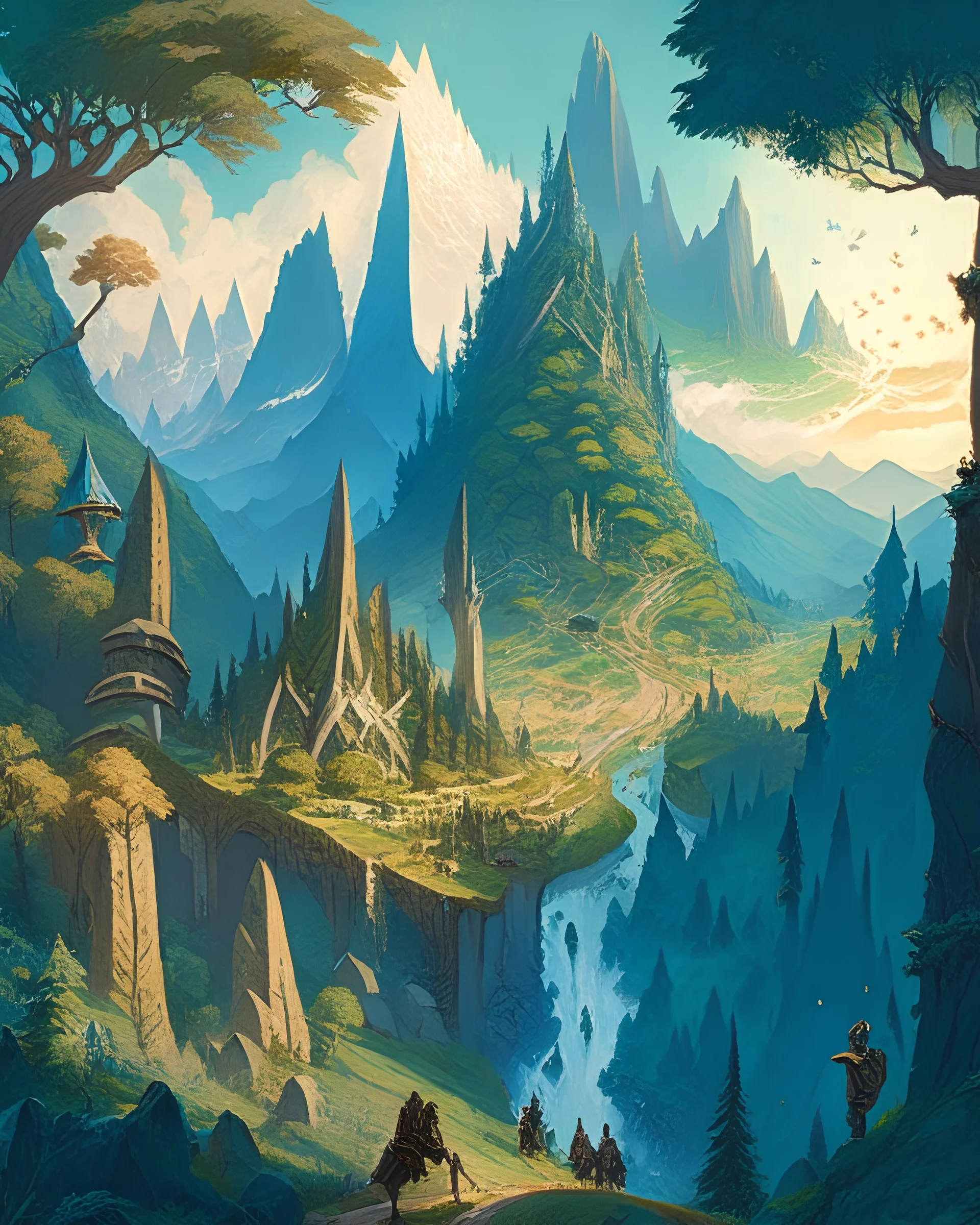 A fantastical, Tolkien-inspired illustration of a sprawling, ancient landscape, featuring towering mountains, lush forests, and a majestic elven city, with a small band of adventurers embarking on an epic quest, evoking a sense of wonder and adventure.