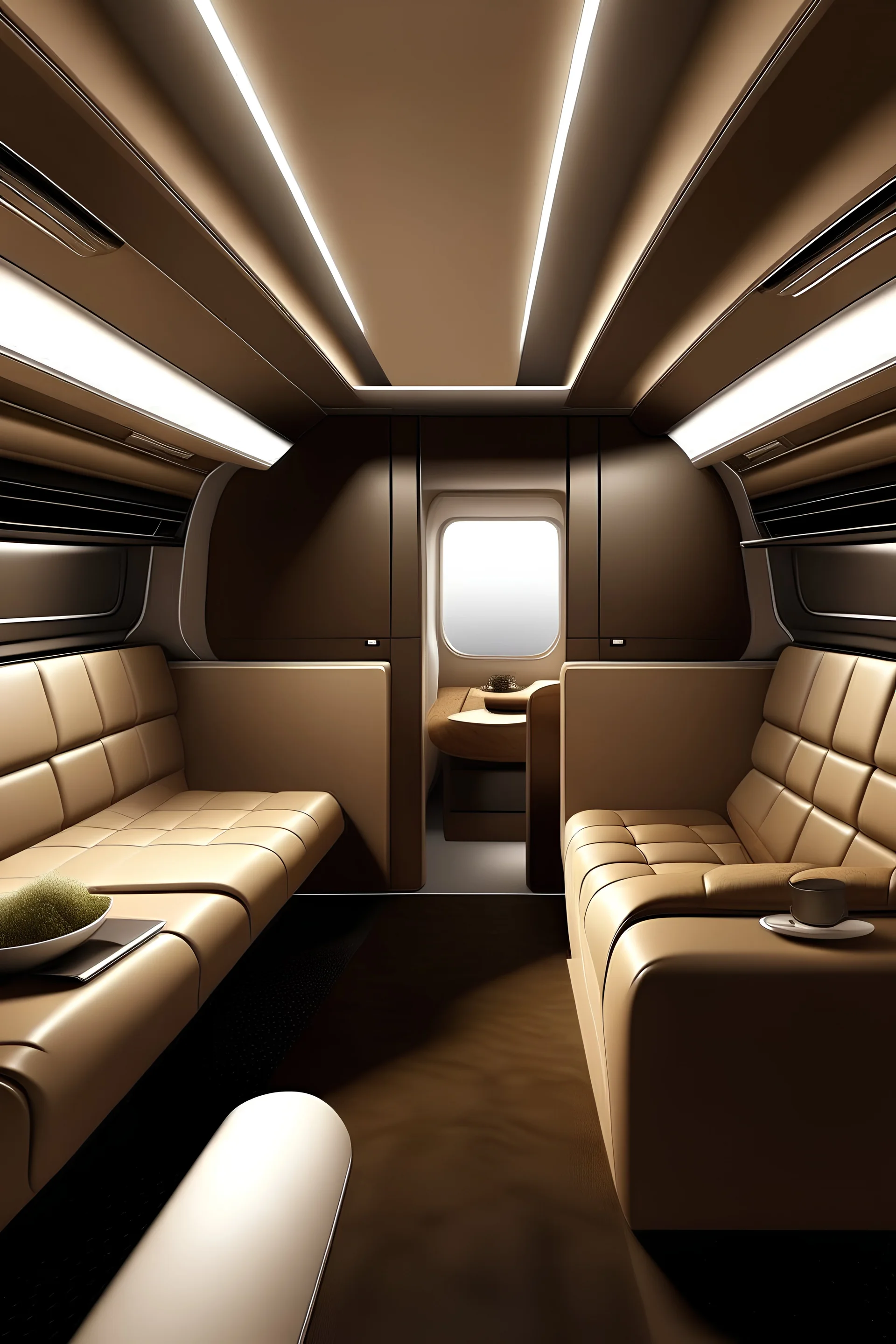 Create the interior of a van, cabinet handles in cappuccino brown leather, warm white cabinets, brown leather seats in a cappuccino shade, and light flooring. The style should be cozy like a home, with a bed at the back, a bathroom built into the right wall, and a small kitchen on the left.