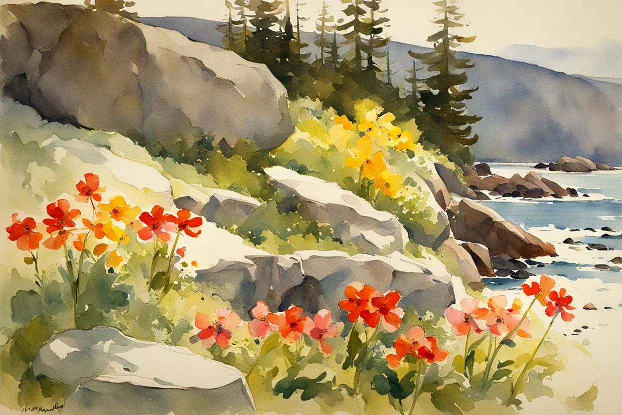 Sunny day, spring, flowers, rocks, mountains, epic, winslow homer watercolor paintings