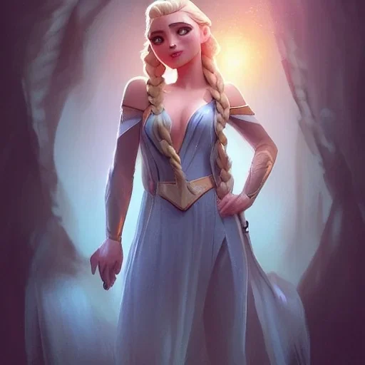 Artgerm, WLOP, Greg Rutkowski;Star Wars, Beautiful Elsa From Frozen Face And Body, Exposed Chest, Full Body, Nudist. Drawn By Thomas Kinkade