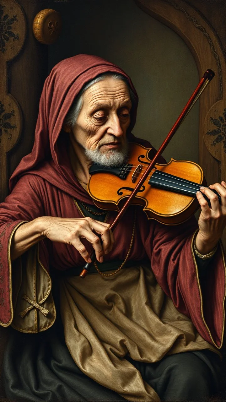 Hieronymus Bosch style , an old woman playing the violin