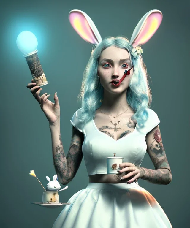 Ultra realistic portrait, wonderland, happy blonde Alice smoking a pipe, blue dress. elegant anthropomorphic white rabbit, circus dress style, old school tattoo, laughter, smoke, marijuana garden, mushroom lamps, glow eyes, perfect iris, soft color, highly detailed, unreal engine 5, ray tracing, RTX, lumen lighting, ultra detail, volumetric lighting, high definition.