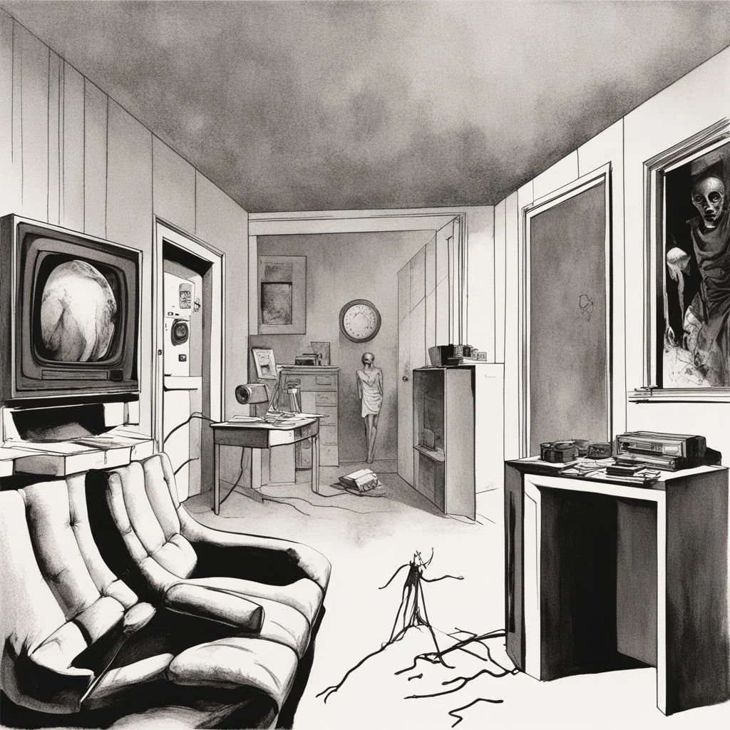 masterpiece book cover art "CRAMPTON" by "Thomas Ligotti",a sparse dusty living room with department store mannequin parts strewn in corner, old box television broadcasting static, open closet door, surreal hyperreal stygian atmosphere imagery, by Stephen Gammell, by Mike Dubisch, by dave mckean, deep shadows, deep crimson and midnight black tones.