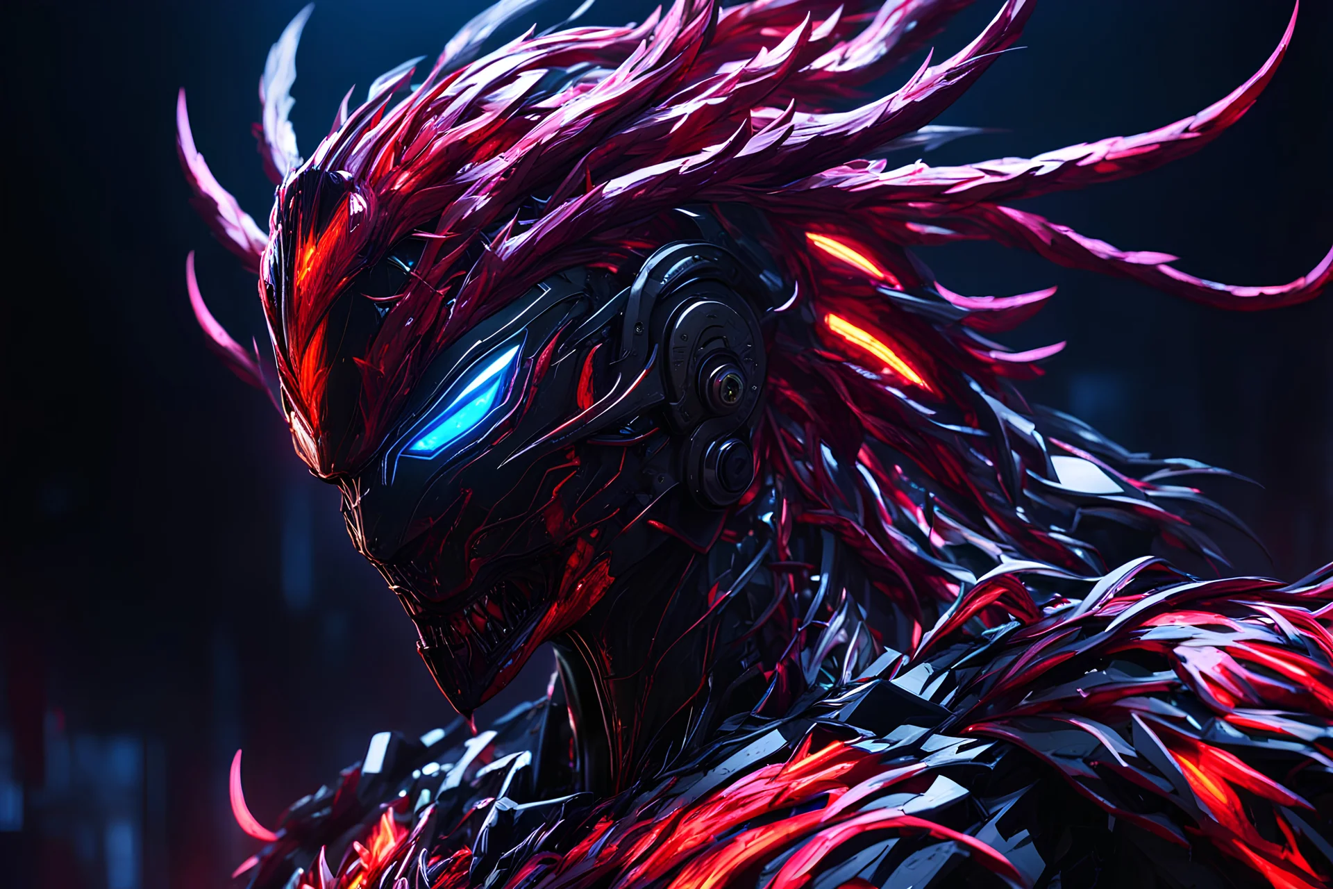 carnage machine in 8k solo leveling shadow artstyle, cozmic mask, dynamic pose, oshare kei, hurufiyya, rtx , neon lights, intricate details, highly detailed, high details, detailed portrait, masterpiece,ultra detailed, ultra quality
