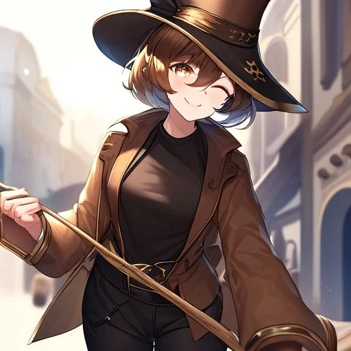 Clear focus, High resolution, short brown spiky hair, hair between eyes, eyes closed, wearing a brown detective hat, wearing a brown jacket and a black shirt, wearing black shorts, 1girl, pulling at down, smiling