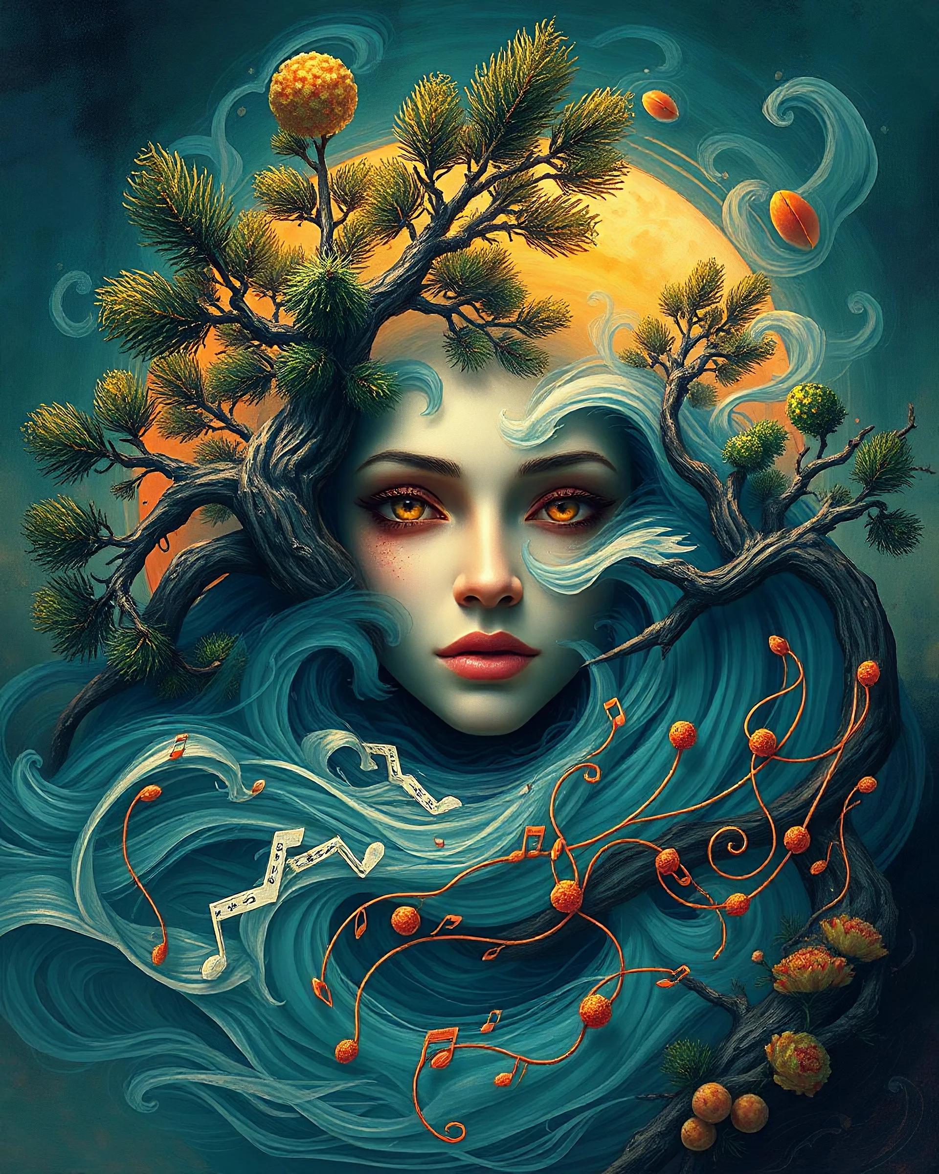 Mythpunk-style icon featuring a warm-hued face emerging from swirling water, pines twisted in whimsical forms, strands of ethereal music notes draped like phantasy garb, digital painting, vibrant palette, intricate patterns, high fantasy elements, octane rendering