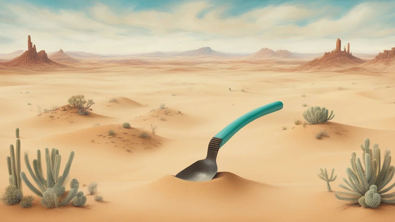 A surreal mixed media artwork showing a desert landscape with a surreal twist, where a whimsical shovel is transforming into a vice to secure a delicate antenna