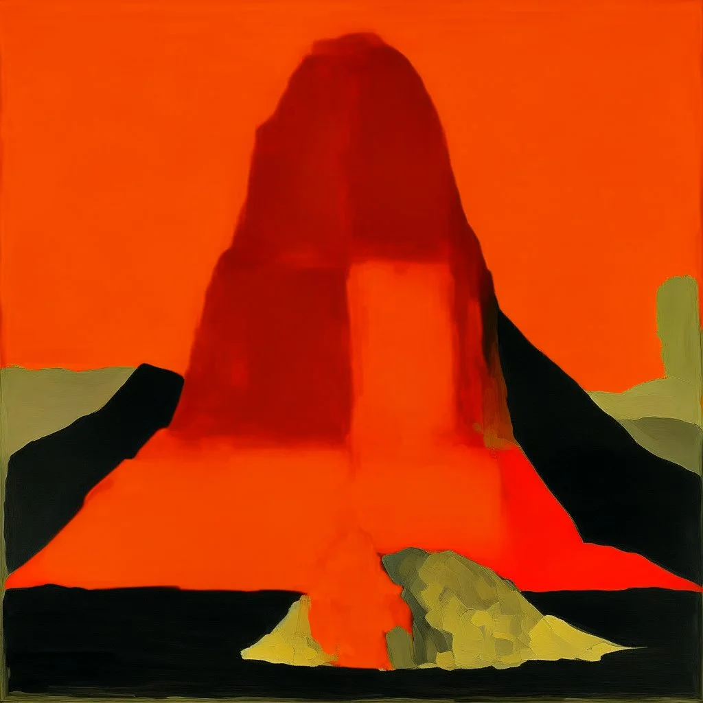 An orange volcano with pillars painted by Piet Mondrian