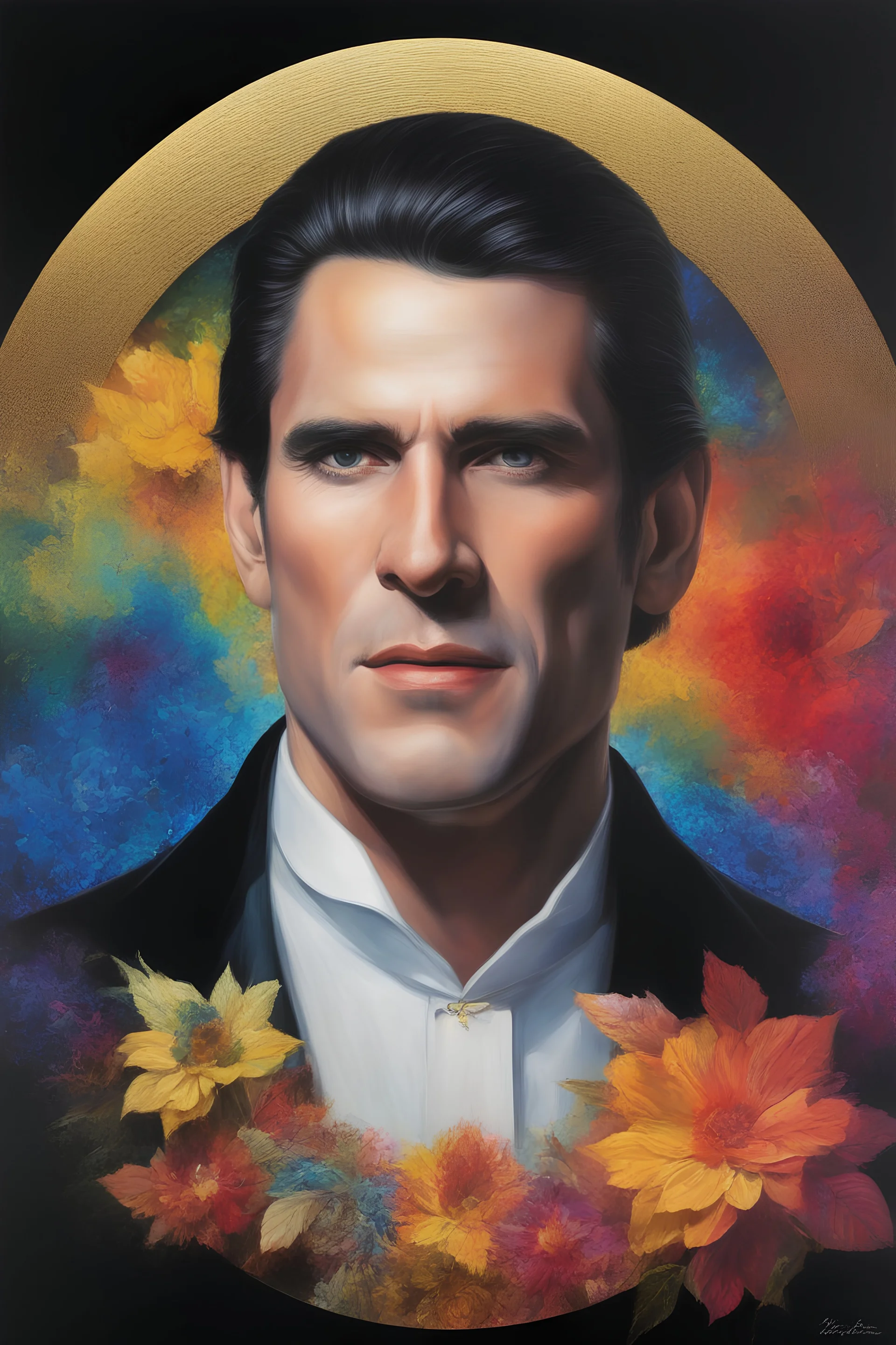 Count Dracula's face inside a small gold circle, Henry Cavill/Leonard Nimoy/Michael Jackson, multicolored, large, Floral/rainbow designs, atmospheric, beautiful, bright, vibrant colors, pitch-black background, oil painting by Boris Vallejo, 4k UHD, Photorealistic, professional quality