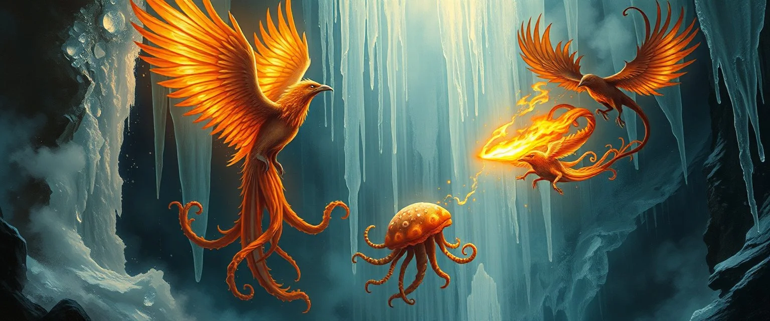 fire smoke and fog and light rays, phoenix jellyfish octopus bird witch in icy waterfall looks beyond really powerful slapping a bird in the face with fire, fantasy illustration, in the style of Rembrandt