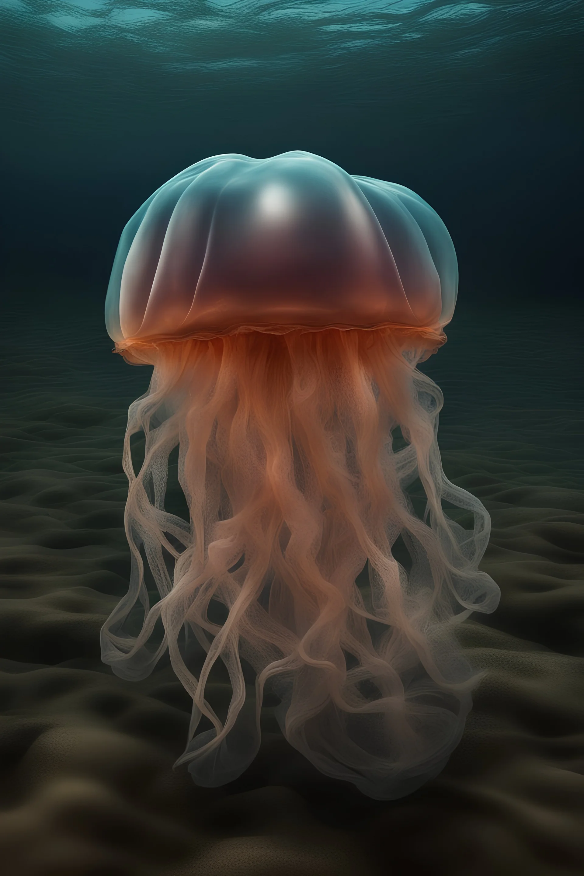 A nylon bag in the ocean looking exactly like jelly fish. Hyper realistic photo.